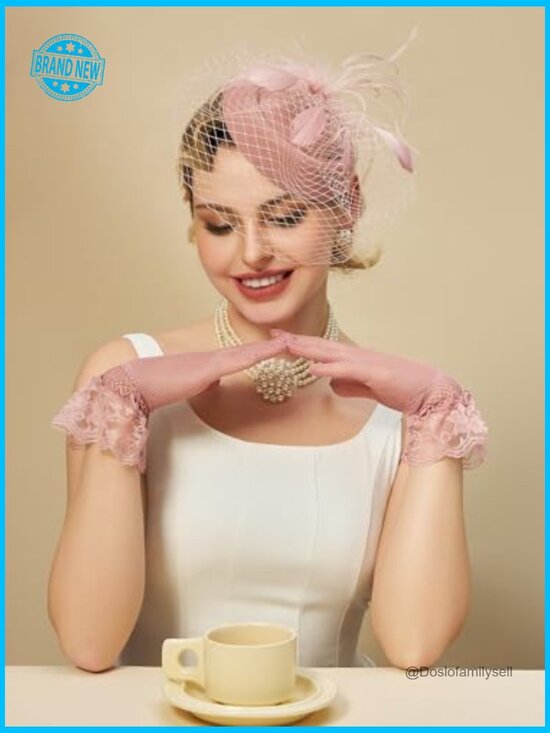 Pillbox Fascinator Hat & Lace Gloves Set Tea Party Kentucky Derby Vintage main image 5